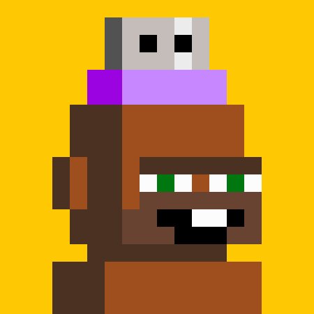 A pixel art style image showing a brown character with green and white striped glasses and a small gray robot on top of its head, set against a yellow background.