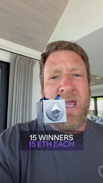A bearded man appears in an indoor setting with a 3D Ethereum (ETH) logo overlay and bold text reading "15 WINNERS 15 ETH EACH," promoting a giveaway contest where 15 traders will each win 15 ETH.