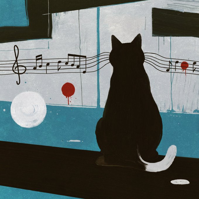 An illustration features a black cat silhouette sitting and looking at a wall painted with musical staff lines, notes, and a red dot.