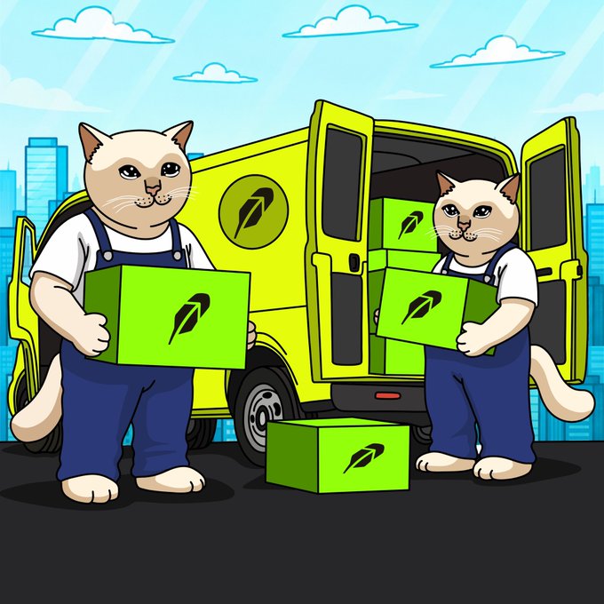 Two anthropomorphic cats dressed in overalls unload green boxes marked with a leaf logo from a yellow van, symbolizing the accumulation of $CASHCAT bags as part of a meme contest entry (entry #48) celebrating the project's growing season.