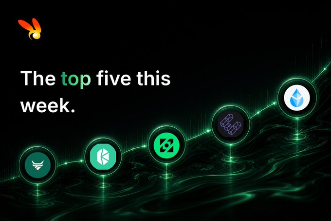 A dark green and black promotional graphic featuring the bold heading "The top five this week." alongside a red rabbit logo, displaying five illuminated circular icons representing Steakhouse Fi, Kyber Network, Forkast, ether.fi, and Lido Finance, which correspond to the crypto projects highlighted in Rabbithole's weekly roundup.