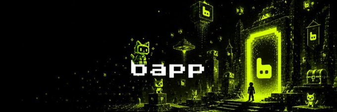 A green and black pixel art illustration with the text "bapp," showing a silhouette of a person approaching a glowing doorway in a dungeon-like setting filled with chests and creatures.