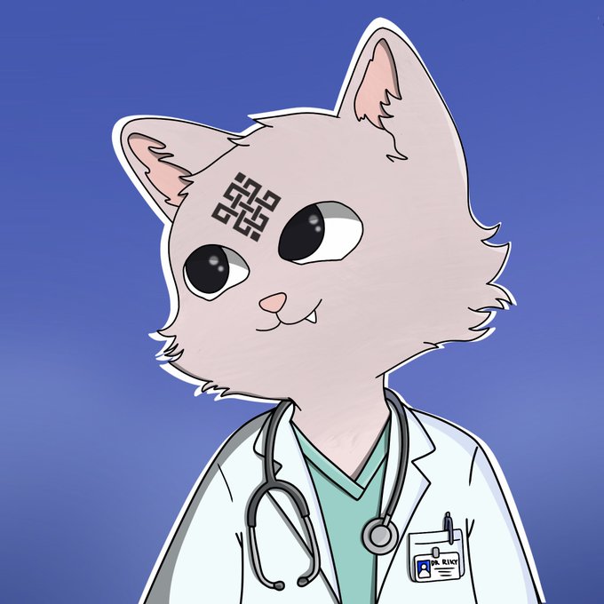 An illustrated NFT-style white cat character with a QR code on its forehead, wearing a doctor's lab coat with a stethoscope and a name tag reading 'RIKO'.