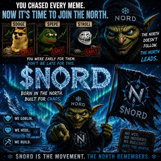 A promotional graphic for $NORD cryptocurrency featuring a goblin character, comparing it to past meme coins like $DOGE, $PEPE, and $TROLL with the tagline 'YOU CHASED EVERY MEME. NOW IT'S TIME TO JOIN THE NORTH.'
