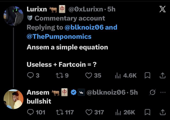 A Twitter exchange where user @0xLurixn asks "Ansem a simple equation: Useless + Fartcoin = ?" prompting @blknnoiz06 to reply "bullshit," fitting the post's claim that "useless + fartcoin = $bullshit."