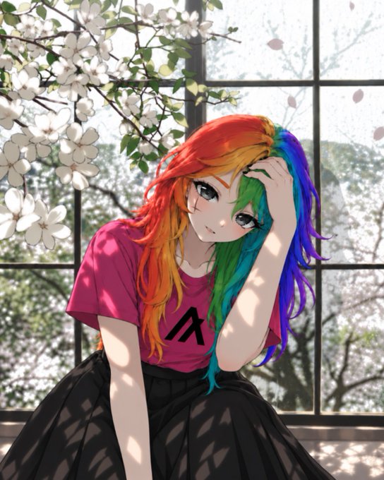 An anime-style illustration of a girl with long rainbow-colored hair wearing a pink shirt and black skirt, posing under cherry blossoms near a window.