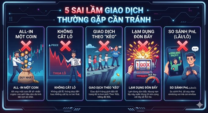 An infographic titled '5 SAI LẦM GIAO DỊCH THƯỜNG GẶP CẦN TRÁNH' (5 common trading mistakes to avoid) showing cartoon illustrations of pitfalls like 'ALL-IN MỘT COIN' and 'KHÔNG CẮT LỜ'.