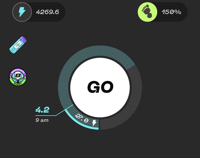 A dark app interface showing fitness stats with 4269.6 energy points, 150% steps, a GO button, and readings of 4.2 for 9 am and 27.0, with event badges visible.
