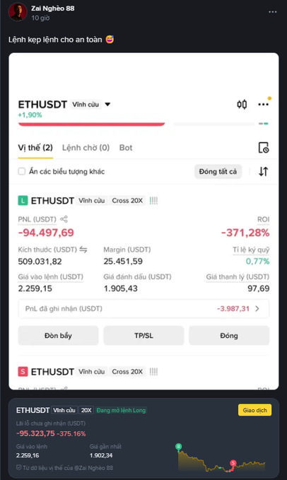 A mobile screenshot of a Binance trading interface in Vietnamese showing massive losses on ETHUSDT leveraged positions, with PNL at -$94,497.69 and an ROI of -371.28%, posted by "Zai Nghệo 88."