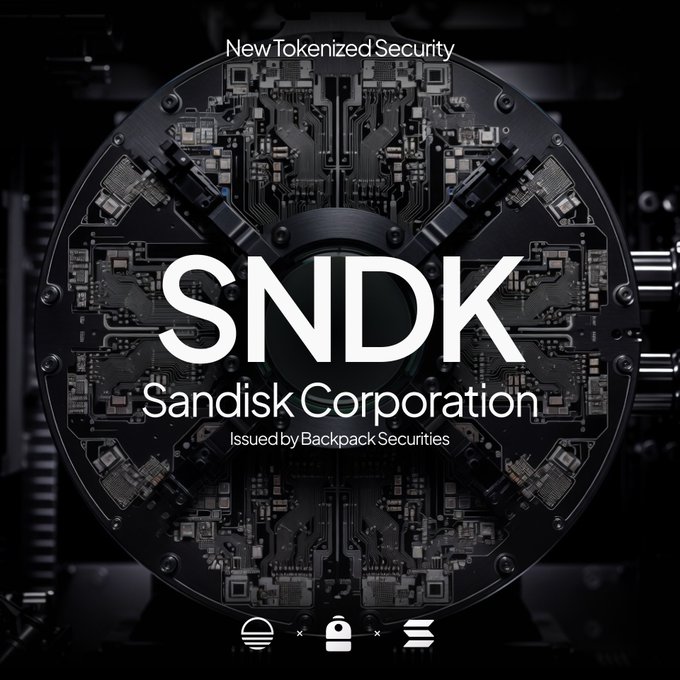 The image features a black background with the words "SNDK Sandisk Corporation" written in white letters, indicating that the company has issued tokens for stock trading. The text also mentions that these tokens are being used by backpack Securities. The main focus of the image is a computer chip or circuit board, which serves as the centerpiece and symbolizes the technological advancements happening within the tokenized stock market.