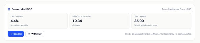 A dashboard for "Earn on idle USDC" on the Base network via Steakhouse Prime USDC shows a 4.4% annualized variable yield over the last 30 days, with 10.34 USDC in the wallet and a current deposit of 35.00, highlighting the Openlaunch-powered earn feature that lets users deposit and withdraw USDC anytime via Morpho.