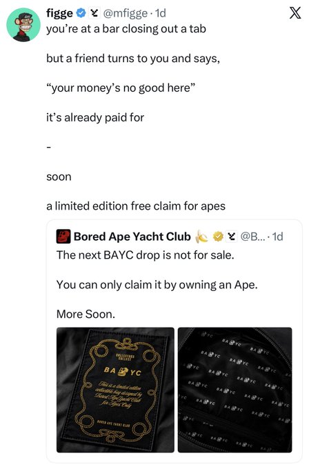 A social media post from 'figge' (@mfigge) with a Bored Ape Yacht Club (BAYC) tweet about a limited edition free claim for apes, showing images of a BAYC jacket.