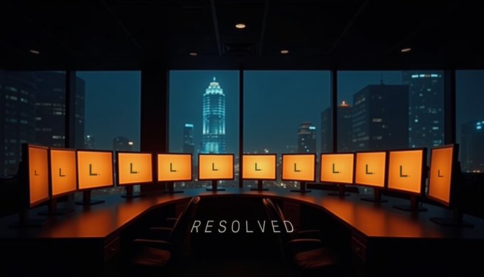 A dark office interior features a curved desk lined with multiple glowing orange monitors displaying the letter 'L', set against a nighttime city skyline visible through windows, with the word 'RESOLVED' written at the bottom.