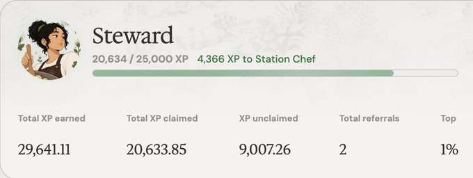 A Backyard.fi profile screenshot shows a "Steward" tier with 20,634/25,000 XP earned (4,366 XP needed to reach Station Chef), along with 29,641.11 total XP earned, 20,633.85 XP claimed, 9,007.26 XP unclaimed, 2 referrals, and a 1% top ranking. The image illustrates the user's progress building yield positions on Backyard.fi's referral program, where the referral code "8FYFB5KH" is promoted to help others earn a signup boost.