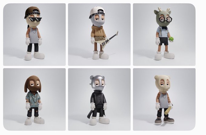 Six stylized vinyl designer toy figures displayed in a grid, each featuring unique animal-themed masks and casual streetwear outfits.
