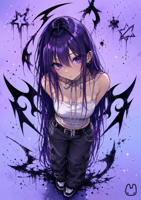 An anime-style illustration depicts a purple-haired girl with a skull choker, white crop top, and black pants, set against a purple background with black thorny wings and stars.