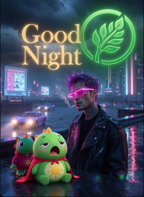The image features a man wearing sunglasses, standing next to two small green dinosaurs with big eyes that appear to be sad or scared. The man has a cigarette in his hand. The background of the image shows a city street at night with neon lights illuminating the scene. The caption reads "Good Night CT", which is related to the post about Web3 and friction reduction, as it suggests that the man's actions are reducing friction for himself by not using technology or relying on traditional methods like Web3.