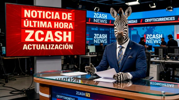 The image features a zebra head sitting behind a desk, wearing a suit and tie as if it were a news reporter or anchor. The zebra's face is prominently displayed against a backdrop of a TV screen displaying the text "Noticia de ultima hora Zcash Actualizacion". This suggests that the zebra is promoting an application called Zcash on the television, which could be related to cryptocurrency or financial news.

The scene also includes other elements such as a computer monitor and keyboard placed in front of the zebra's head, indicating that it might be part of a newsroom environment. The presence of multiple people working at desks further supports this idea.