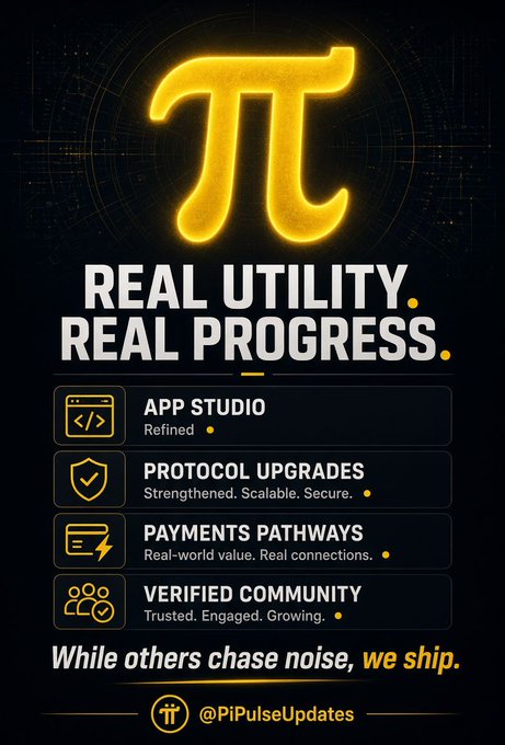 A promotional graphic featuring a glowing gold Pi (π) symbol with the text 'REAL UTILITY. REAL PROGRESS.' and bullet points highlighting 'APP STUDIO Refined', 'PROTOCOL UPGRADES Strengthened. Scalable. Secure.', 'PAYMENTS PATHWAYS Real-world value. Real connections.', and 'VERIFIED COMMUNITY Trusted. Engaged. Growing.' The tagline reads 'While others chase noise, we ship.' with the handle '@PiPulseUpdates' at the bottom.