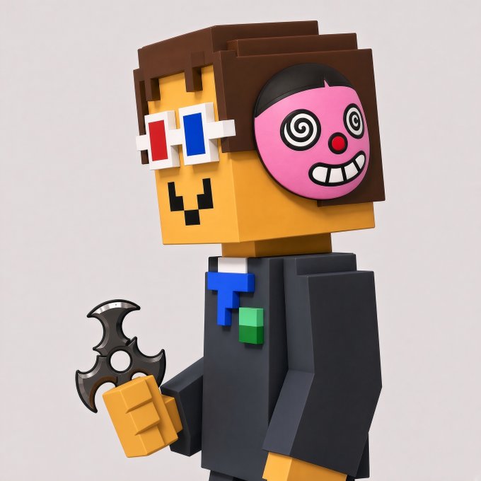A blocky, voxel-style 3D character with an orange boxy head wearing 3D glasses and a pink spiral-eyed mask, dressed in a black suit with a blue tie and holding a shuriken.