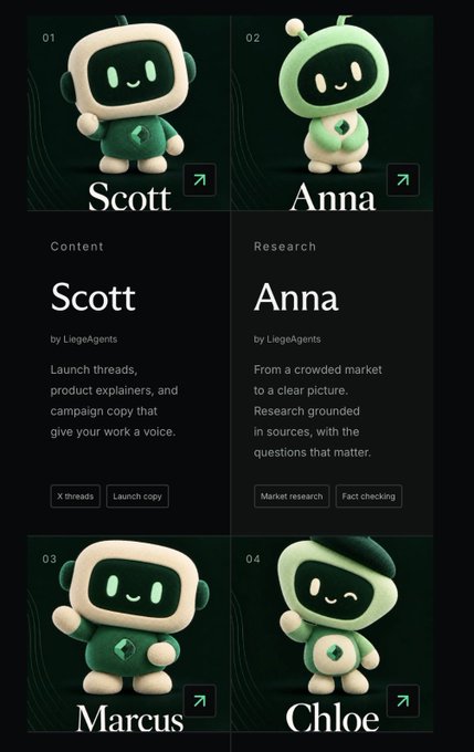 A grid displaying four AI agent characters named Scott, Anna, Marcus, and Chloe by "LiegeAgents", each featuring a cute robot-like design and descriptions of services like Content and Research.
