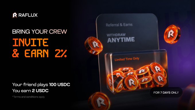 A promotional graphic for RAFLUX advertising their "Invite & Earn 2%" referral program, with the text "Your friend plays 100 USDC, You earn 2 USDC" and "FOR 7 DAYS ONLY."