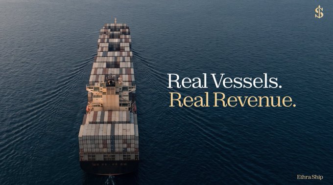 Aerial view of a cargo ship at sea with overlay text reading 'Real Vessels. Real Revenue.' and 'Ethra Ship' branding with a gold dollar sign logo.