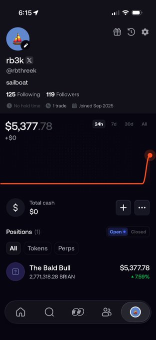 The image shows a sailboat portfolio on what appears to be a trading platform, with the user "rb3k" (@rbthree) showing $5,377.78 in gains (+759%) on a single position in "The Bald Bull" (BRIAN token), marking their "first buy ever" in full FOMO mode.