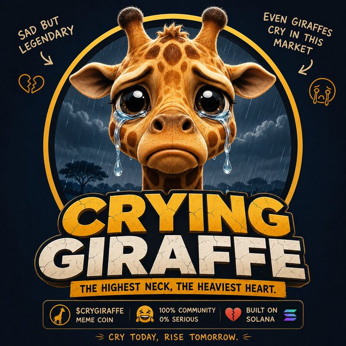 A promotional graphic for '$CRYGIRAFFE' meme coin featuring a cartoon crying giraffe with the text 'SAD BUT LEGENDARY', 'EVEN GIRAFFES CRY IN THIS MARKET', and 'THE HIGHEST NECK, THE HEAVIEST HEART', noting it is '100% COMMUNITY 0% SERIOUS' and built on Solana.