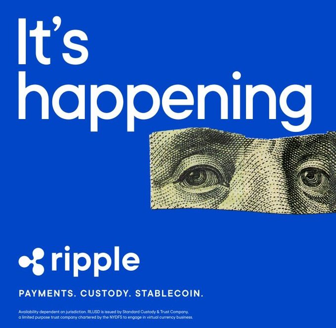 The image features a close-up of someone's face, which appears to be a money bill or coin. Below this image, there are three bullet points that provide information about Ripple payments, currency exchange services, and their availability for use. The text "It' s happening.. with Ripple..." emphasizes the current state of the cryptocurrency market and its impact on financial transactions.
