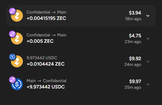 A cryptocurrency transaction history displaying exchanges between 'Confidential' and 'Main' wallets involving ZEC and USDC tokens with values ranging from $3.94 to $9.97.