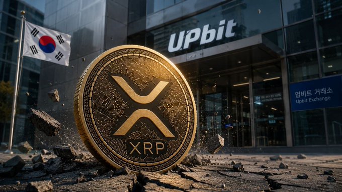 A golden XRP coin bursts through rubble in front of South Korea's Upbit Exchange, with a South Korean flag visible—visually reinforcing the post's claim of XRP leading Bitcoin in 24-hour trading volume on the platform.