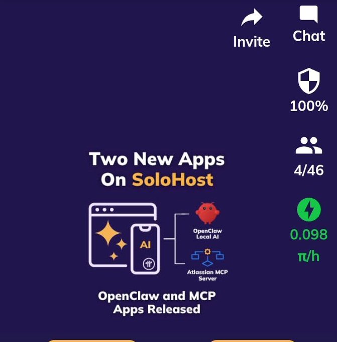 The image is a promotional graphic on a dark purple background announcing "Two New Apps On SoloHost" — OpenClaw (Local AI) and Atlassian MCP Server — with sidebar stats showing 100% security, 4/46 members, and a mining rate of 0.098 π/h, aligning with the post's news about Pi Desktop expanding its SoloHost ecosystem with local AI and developer tools.