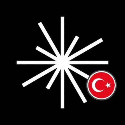 A logo featuring white radiating lines forming a starburst pattern with a red circle containing a white crescent moon and star (Turkish flag emblem) in the lower right corner, set against a black background.