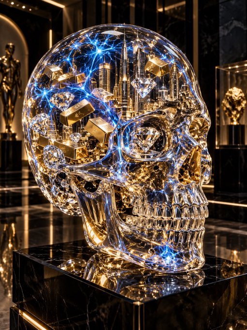 A crystal skull sculpture with internal lights is displayed in a luxurious setting, showing a cityscape and gold bars inside its brain cavity with lightning-like blue energy streaks.