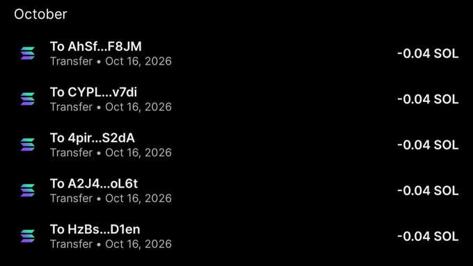 A screenshot of cryptocurrency transaction history showing five outgoing transfers of -0.04 SOL each on October 16, 2026, to various wallet addresses (AhSf...F8JM, CYPL...v7di, 4pir...S2dA, A2J4...oL6t, and HzBs...D1en), corresponding to the prize payouts mentioned in the celebratory post.