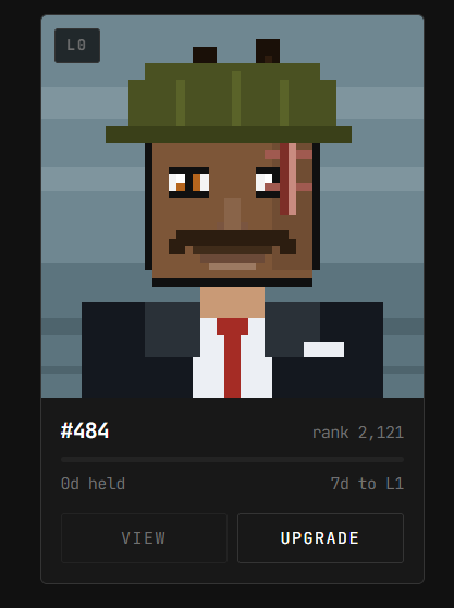 A pixel art NFT-style profile card features a man with a beard, green bucket hat, red tie, and blue suit jacket, with text showing '#484', 'rank 2,121', '0d held', '7d to L1', and buttons for 'VIEW' and 'UPGRADE'.