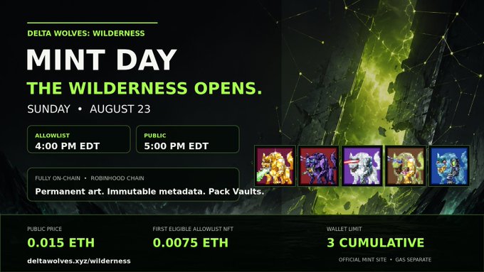 A promotional graphic for 'Delta Wolves: Wilderness' NFT Mint Day on Sunday, August 23, featuring allowlist pricing of 0.0075 ETH, public price 0.015 ETH, fully on-chain on Robinhood Chain.