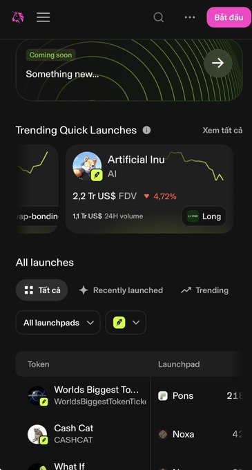 A mobile app interface shows 'Trending Quick Launches' including 'Artificial Inu' (AI) at '2,2 Tr US$ FDV' with a 4.72% drop, along with other tokens like 'Worlds Biggest To...' and 'Cash Cat'.