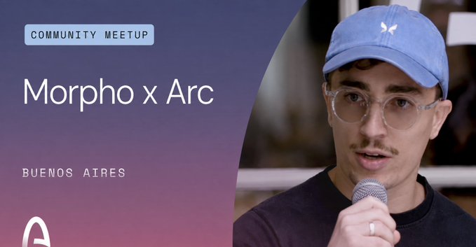 A speaker at a "Morpho x Arc" community meetup in Buenos Aires, shown wearing a blue cap and glasses while holding a microphone, illustrating the talk about Morpho's role in Arc and its potential to attract market attention.