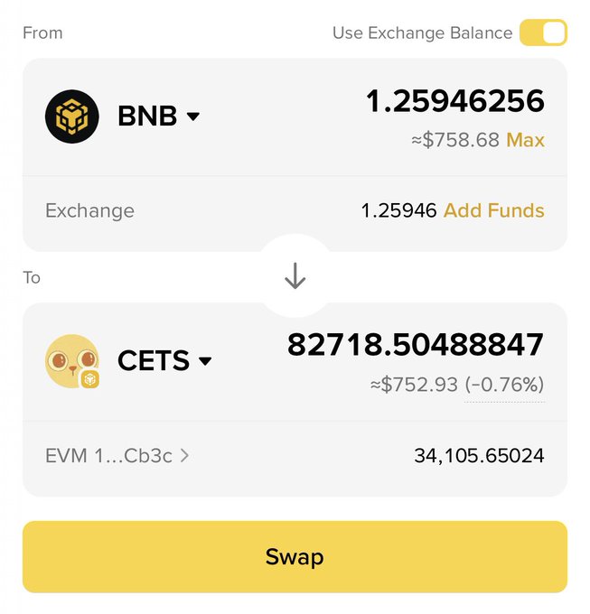 A cryptocurrency swap screen exchanging 1.25946256 BNB (~$758.68) for 82718.50488847 CETS (~$752.93).