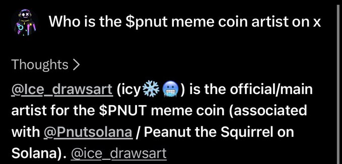 A social media post answering 'Who is the $pnut meme coin artist on x', stating '@ice_drawsart is the official/main artist for the $PNUT meme coin associated with @Pnutsolana / Peanut the Squirrel on Solana'.