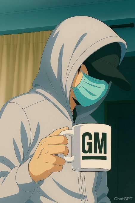 An anime-style illustration shows a hooded figure wearing a cap and face mask, drinking from a white mug labeled 'GM' with a Curtain in the background.