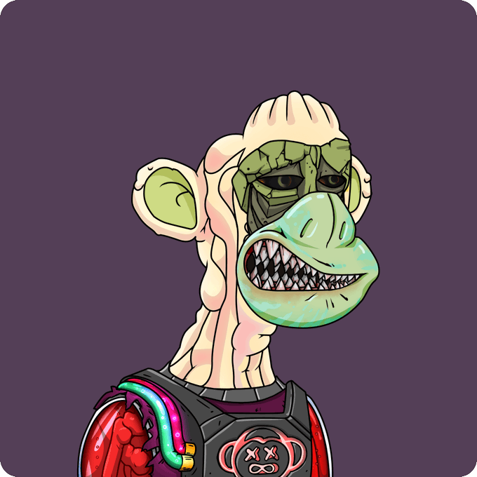 A digital illustration of a stylized monkey character wearing an astronaut helmet with a green-tinted visor, revealing sharp teeth, and wearing a futuristic suit with an exposed mechanical heart and a bear logo.