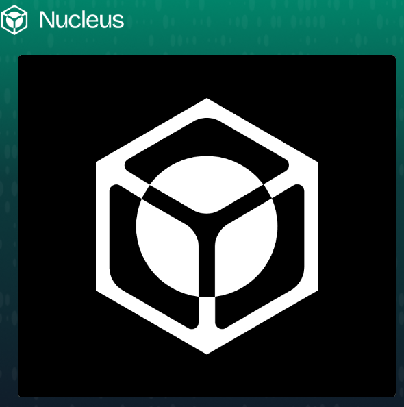 The 'Nucleus' app icon features a white geometric cube design inside a hexagon on a black background, set against a dark green backdrop.