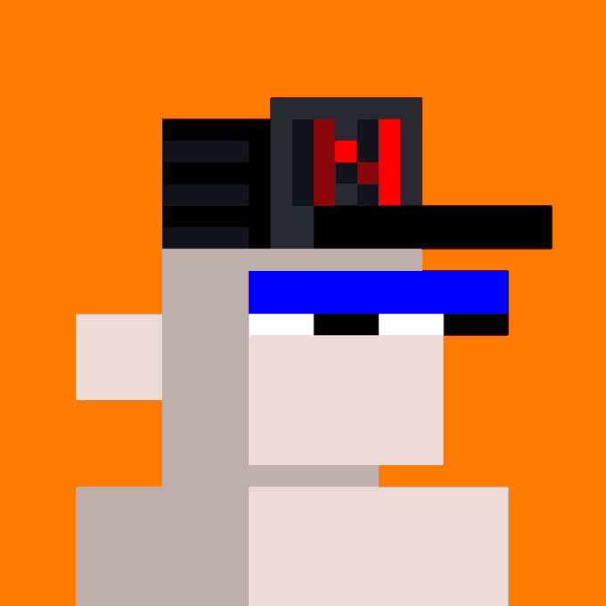 A minimalist pixel art illustration composed of orange, grey, blue, and black geometric shapes depicting a character with a dark visor or mask against an orange background.