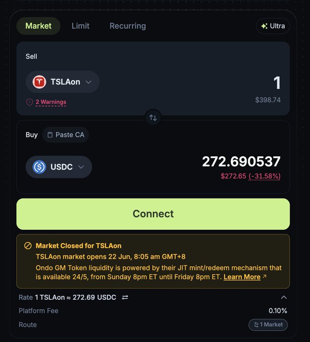 A picture of a screen shot showing what appears to be an explanation for why a certain cryptocurrency (TSLA) was closed off from trading. The image is focused on the text that says "Market Closed for TSLAon".