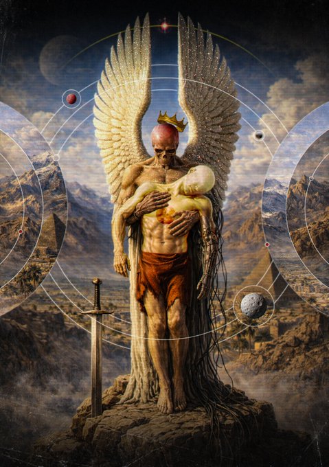 A surreal digital artwork shows a crowned figure with large white wings carrying a pale humanoid figure, standing on a rocky peak with a sword stuck in the ground, set against a backdrop of planets and a desert landscape.