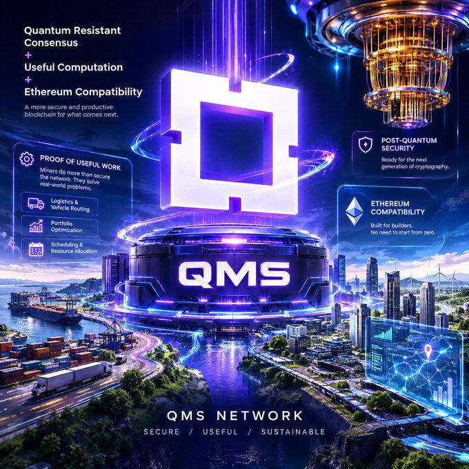 A promotional graphic for 'QMS NETWORK' highlighting 'Quantum Resistant Consensus', 'Useful Computation', and 'Ethereum Compatibility', with features like 'PROOF OF USEFUL WORK' and 'POST-QUANTUM SECURITY' shown over a futuristic cityscape.