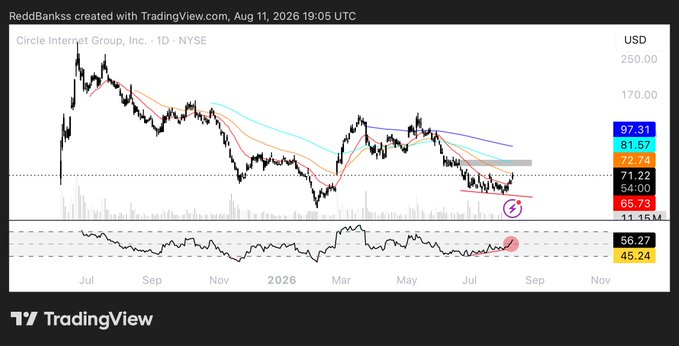 A TradingView chart for Circle Internet Group, Inc. (1D, NYSE) dated Aug 11, 2026, showing price movements with a current value of 65.73 USD and highlighted levels of 97.31, 81.57, 77.74, 71.22, 64.00, 56.27, and 45.24.